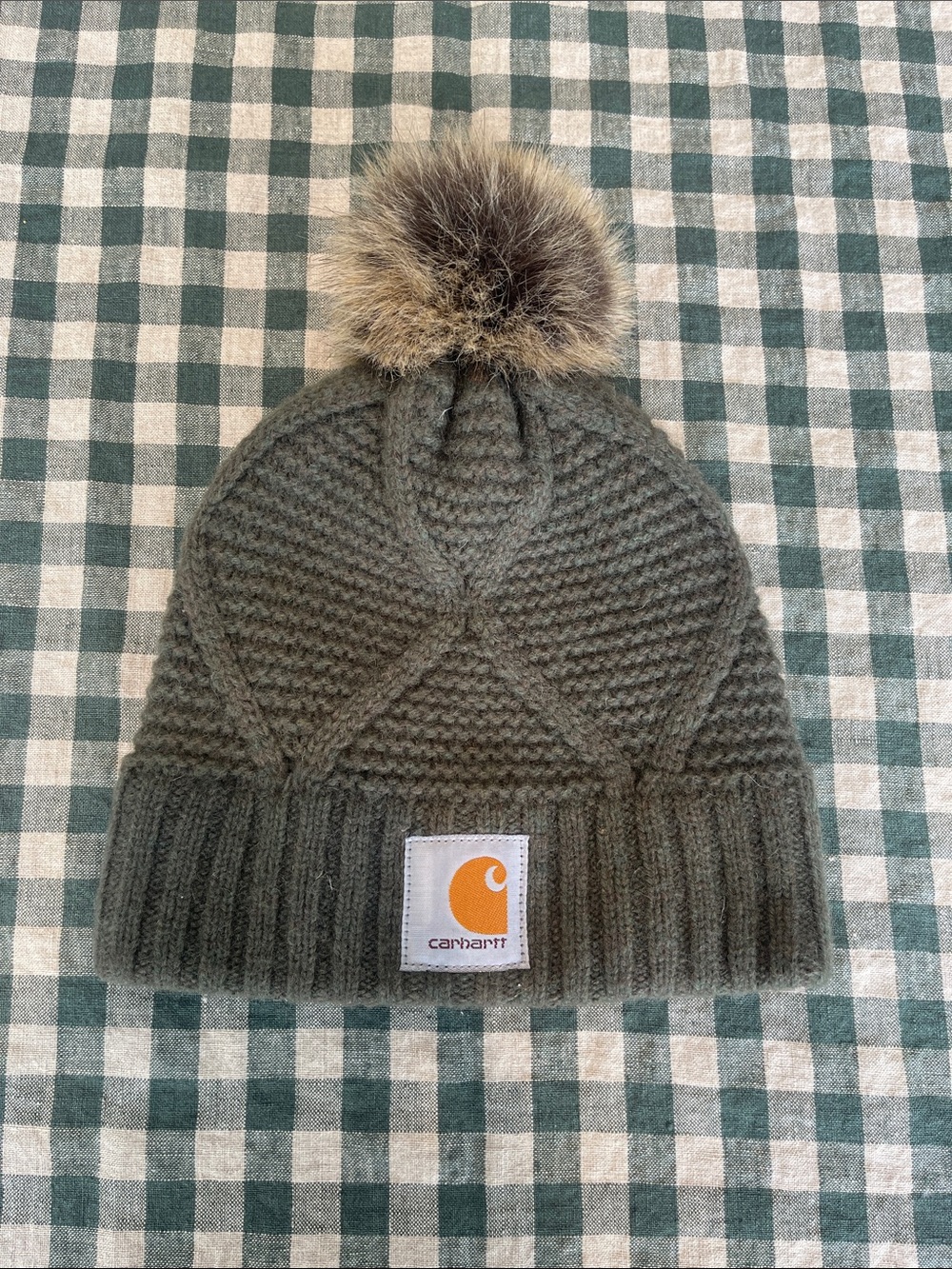 Carhartt Women’s Olive Knit Beanie with Faux-Fur Pom